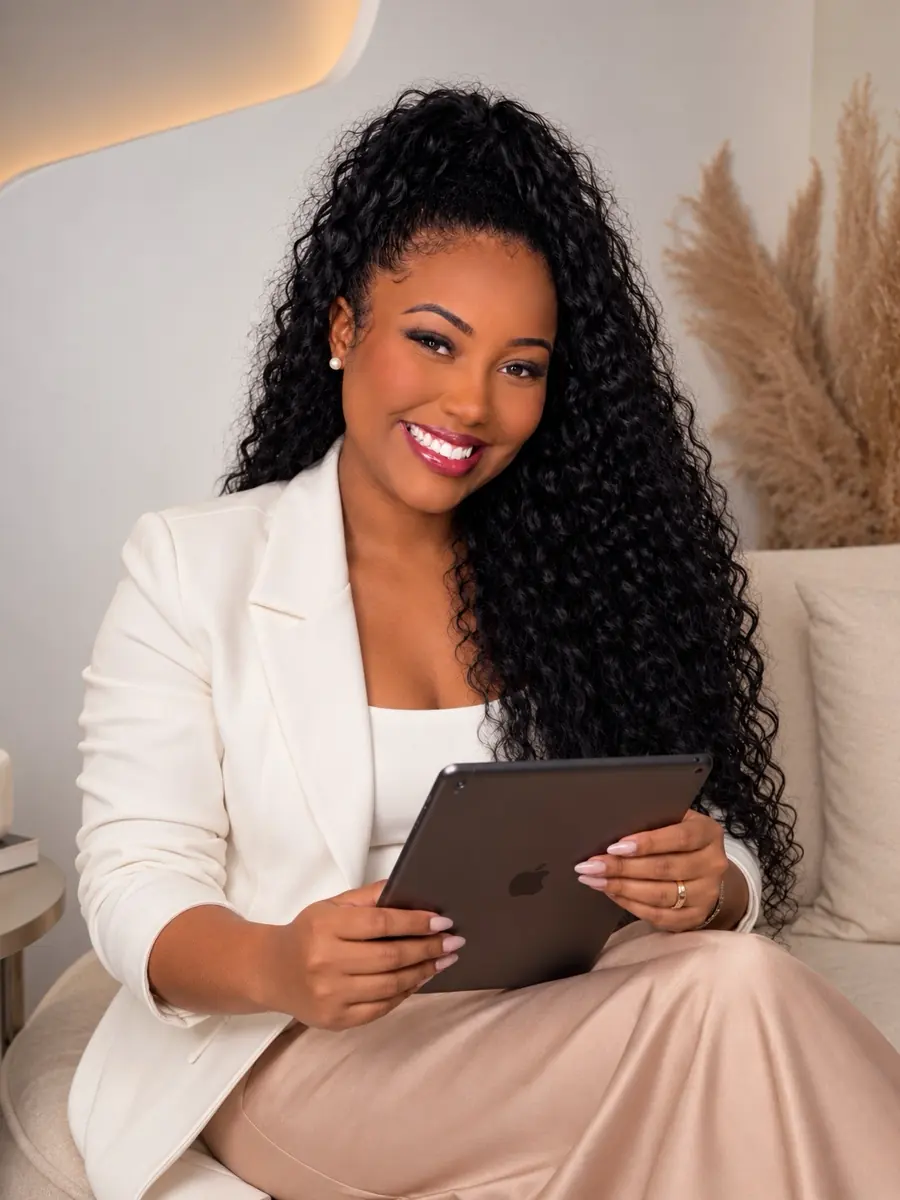 Empreendedora sorrindo com um tablet