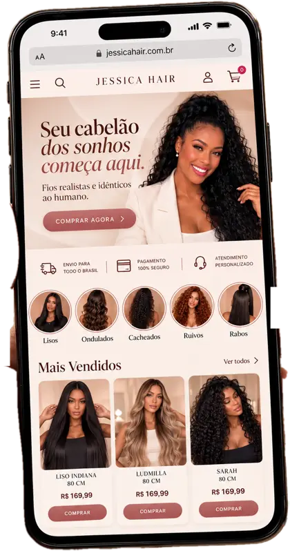 Exemplo de loja online no celular com vitrine de produtos e página de compra